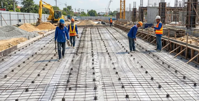 การใช้งานลูกปูนหนุนเหล็กกับตะแกรงไวร์เมช หน้างานเทพื้นคอนกรีตโรงงาน ช่วยจัดระยะคอนกรีตหุ้มเหล็ก (Covering) ให้ได้มาตรฐานโครงสร้าง